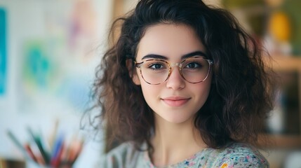 Naklejka premium Young woman in a cozy studio, soft light on her face, surrounded by blurred art supplies, embodying creativity and focus.