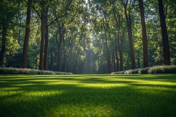Fototapeta premium Lush Green Lawn with Neat Stripes and Surrounding Trees and Flowers. Perfectly Manicured Garden Expanse Creating Comfortable Natural Feel.