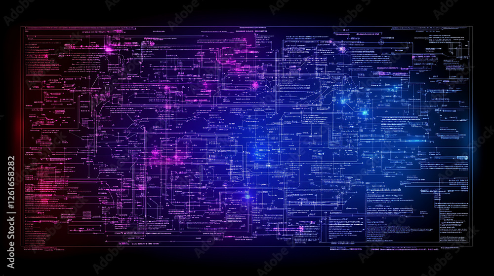Poster intricate digital network diagram with glowing lines depicting complex system architecture
