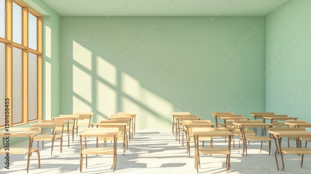 Poster bright and empty classroom with wooden desks and large windows