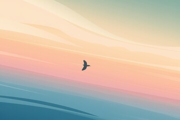 Fototapeta premium Silhouette of a Bird Flying Against a Pastel Sunset Sky