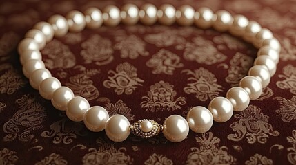 Elegant pearl necklace displayed on a rich, ornate fabric background, showcasing luxury and style