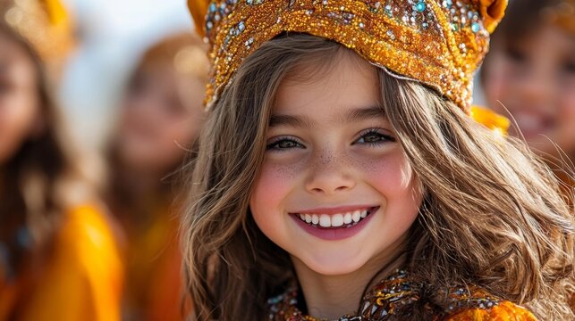 Smiling young girl wearing traditional costume at a cultural festival. Generative AI