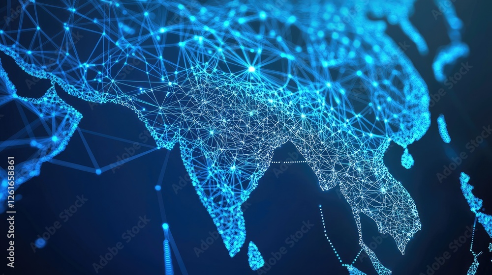 Poster digital world map network with blue lines and dots representation
