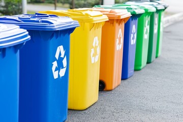 Waste management awareness campaign urban street photos of recycling bins clean environment eye-level angle sustainability focus