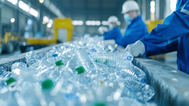 Recycling efforts in industry plastic bottle processing factory environment workers at task - Powered by Adobe