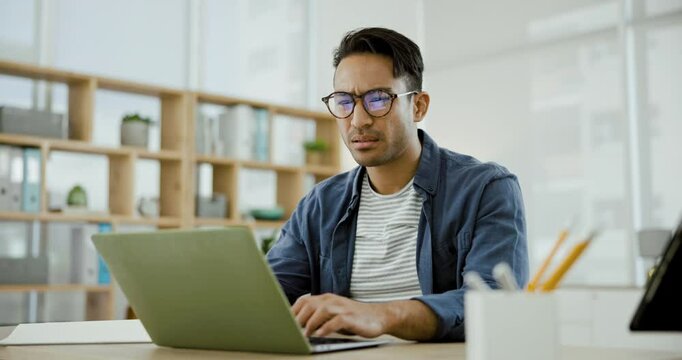 Frustrated, confused and businessman at laptop with email, spam or 404 on crypto trading business website. Stress, online currency problem and man in office working on crisis in stock market crash.