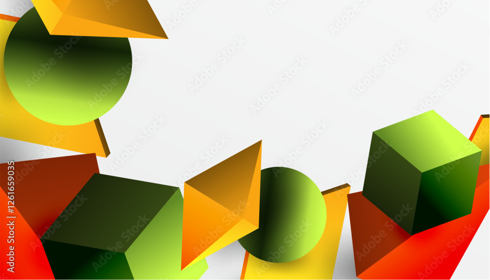Poster abstract design showcasing isometric cubes, pyramids, squares, and spheres in a vibrant 3d layout. m