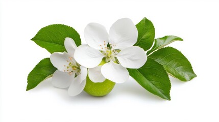 Fototapeta premium Beautiful Green Apple and Blossoming Flowers on White Background. Generative AI