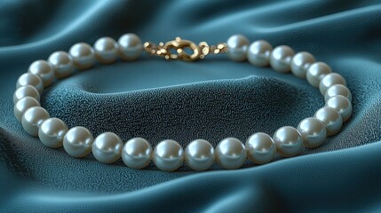 Elegant pearl necklace resting on soft teal fabric, highlighting its luster and craftsmanship