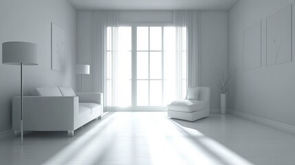 Modern living room with clean, minimal design and natural light, embodying simplicity and elegance.