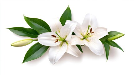 Two beautiful white lilies isolated on a white background. Generative AI