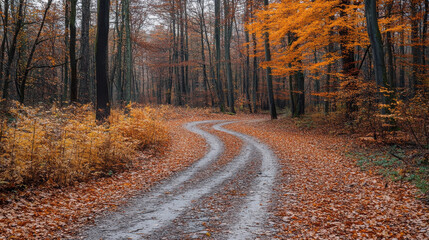 Obraz premium A winding path through a forest adorned with autumn foliage.