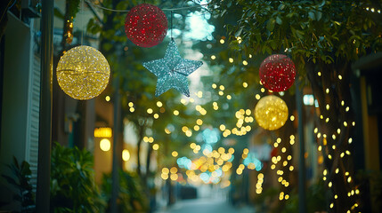 Obraz premium Festive Illuminated Decorations Adorn A Nighttime Street