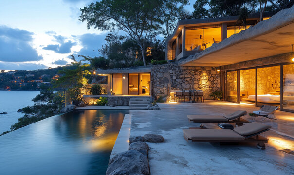 Tranquil coastal getaway nestled in a hidden bay, presenting serene ambiance and panoramic water vistas