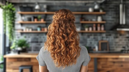 Woman's curly hair, kitchen backdrop, styling, home