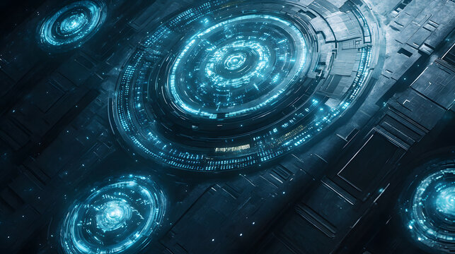 Futuristic Technology Abstract Cyberpunk Control Panel with Glowing Circular Interfaces - Powered by Adobe