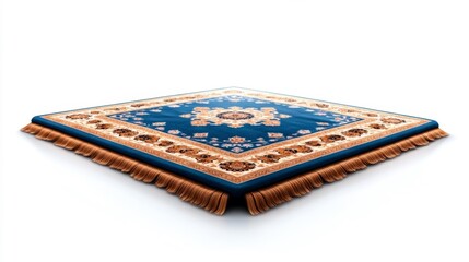 Detailed close-up shot of an isolated blue rug with fringes and ornate pattern on a white background. Generative AI