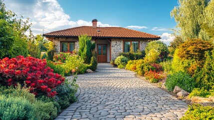 Naklejka premium Luxury house entrance under a clear blue sky, showcasing elegance and tranquility in a serene outdoor setting.