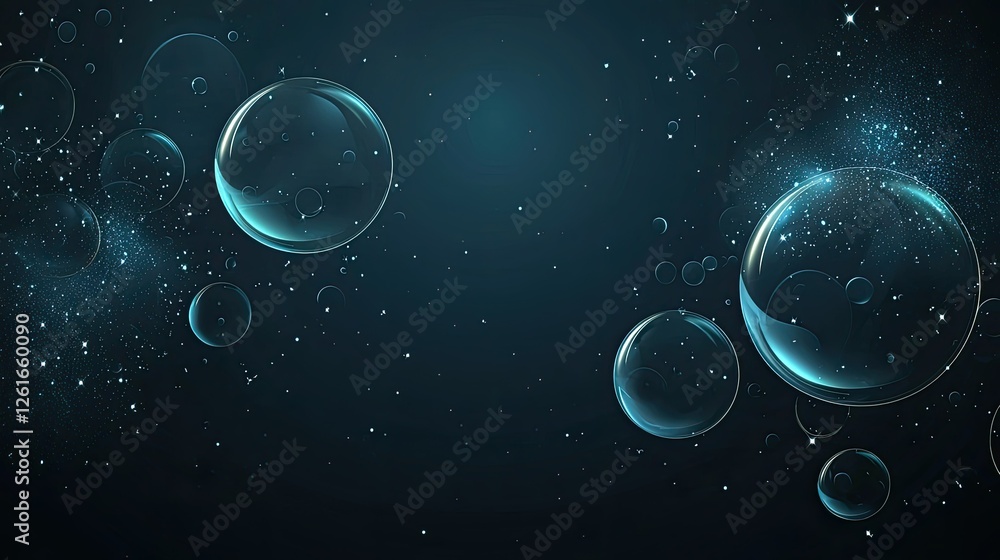 Poster bubbles floating in space with sparkling stars and dark background