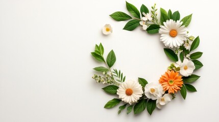 Fototapeta premium Fresh White and Orange Flowers with Green Leaves on a White Isolated Background. Generative AI