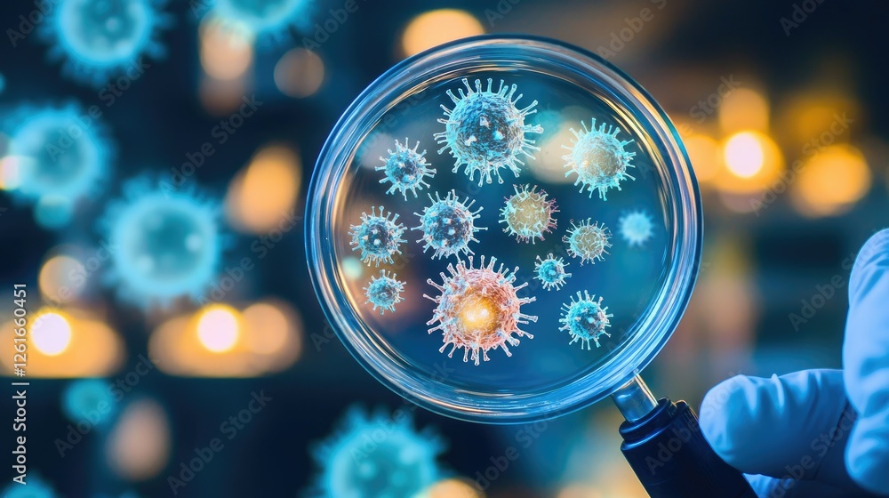 Poster magnifying glass showing colorful virus particles in laboratory setting