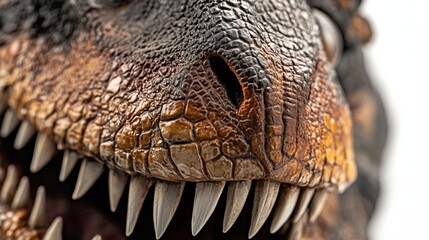 Close-up of a fierce T-Rex figurine with sharp teeth, capturing its menacing essence and primal power.