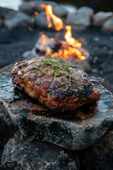 Prehistoric-Style Roasted Meat Dish Served on Massive Stone Plate