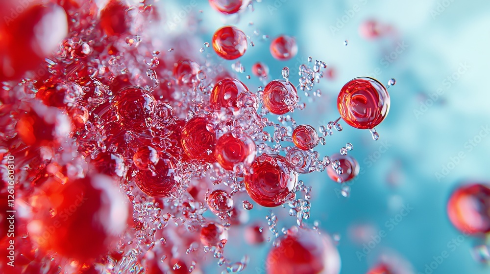 Poster dynamic red liquid bubbles in aqua environment abstract art science concept close-up view