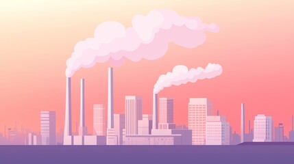 Obraz premium Industrial emissions reduction efforts urban environment digital illustration sunset background aerial perspective environmental awareness
