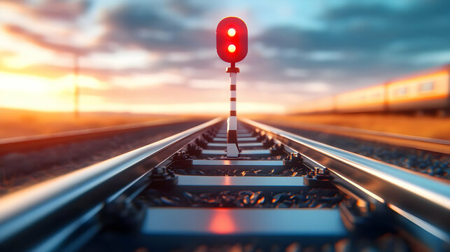 A close-up view of a red railway signal at sunset, highlighting the beauty of transportation systems.