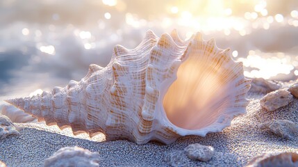 Close-up of a beautifully detailed seashell resting on sandy beach with ocean waves in background