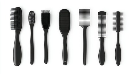 Black hair brushes, combs, white background