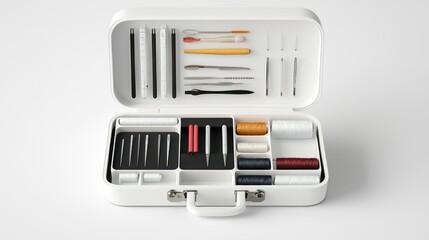 Sewing kit, tools, case, white background, craft