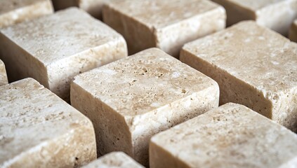 Beige stone cubes arranged in rows, close-up view, background of more cubes