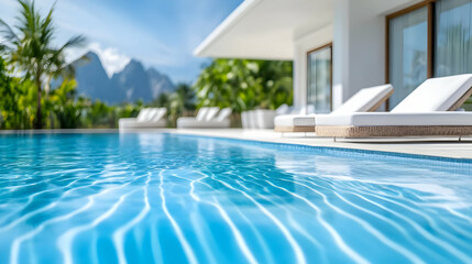A serene poolside view featuring sun loungers, lush greenery, and stunning mountain scenery.