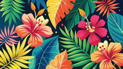 flower background, A vibrant vector background featuring tropical hibiscus flowers and palm leaves with a summer vibe © Ranadhie