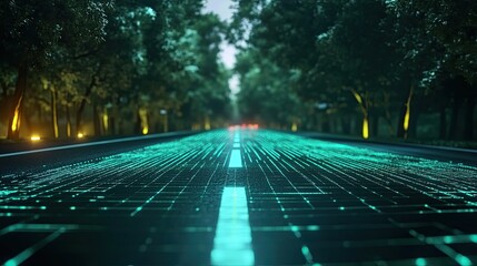 Night road, digital overlay, trees, future tech