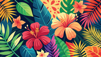 flower background, A vibrant vector background featuring tropical hibiscus flowers and palm leaves with a summer vibe