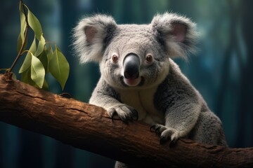The Cuddly Koala Perched Gracefully on a Sturdy Tree Branch Its Mouth Open in Eager Anticipation as It Searches Diligently for Tender Eucalyptus Leaves