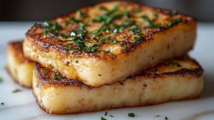Grilled Cheese Tofu with Fresh Green Herbs. Generative AI
