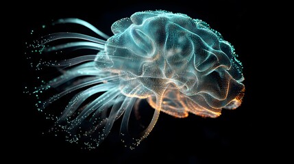 Obraz premium Luminous digital human brain illustration with fibers and particles