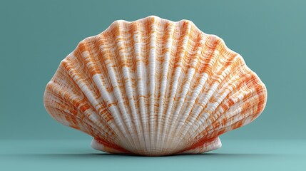 Close-up of a beautifully textured scallop shell against a soft turquoise background