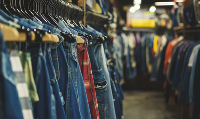 Obraz premium Contemporary denim and casual pieces artfully arranged, epitomizing modern lifestyle trends and urban chic aesthetics