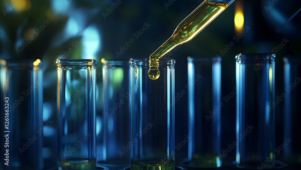 Poster lab pipette drops liquid into test tubes, blurred background