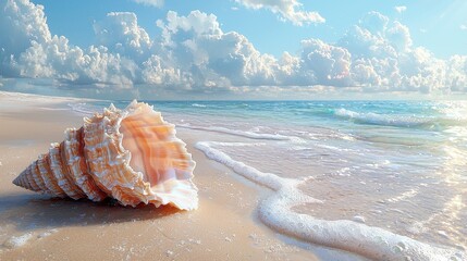 A large seashell lies on a sandy beach under a bright sky with fluffy clouds, waves gently lapping