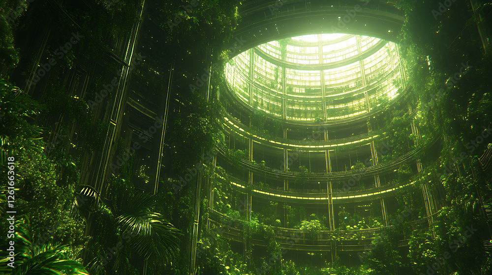 Poster lush vegetation cascading through a futuristic atrium structure bringing nature into urban architect