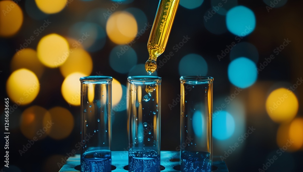Aufkleber Lab experiment Dropper adding liquid to test tubes in dark lab