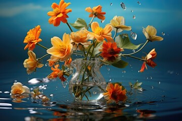 The Graceful Dance of Vibrant Orange and Yellow Blossoms in the Serene Embrace of a Crystal Vase