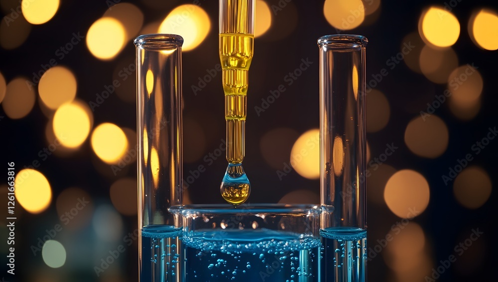 Poster Dropper adding liquid to test tubes in lab setting with bokeh background